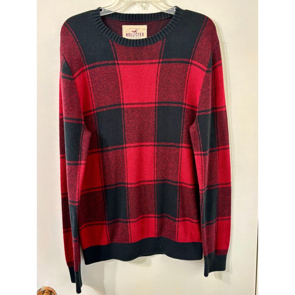 Hollister Mens Medium Cotton Blend Red & Black Buffalo Plaid Crewneck Sweater